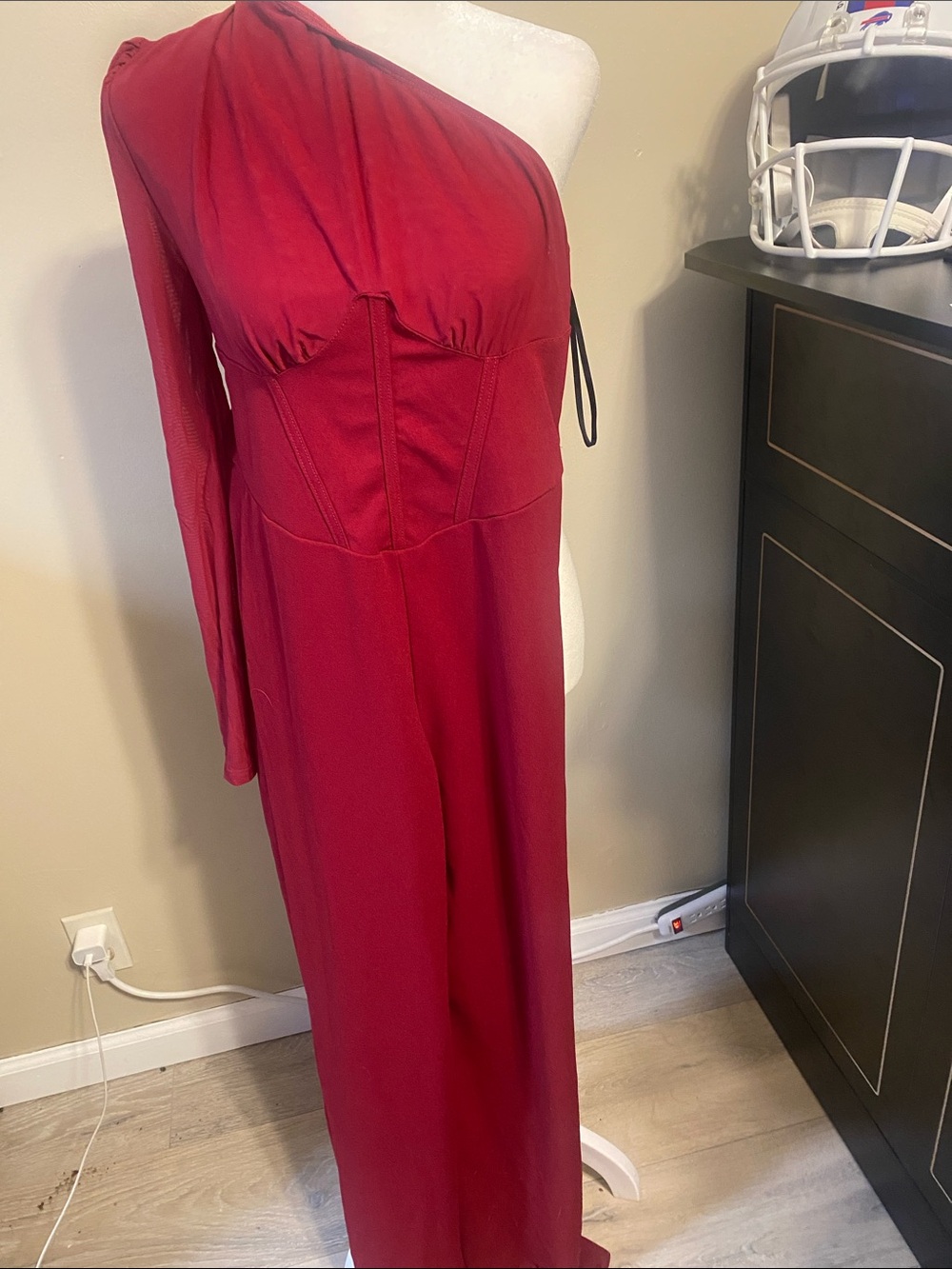 SHEIN One-Shoulder Wine Red Evening Jumpsuit